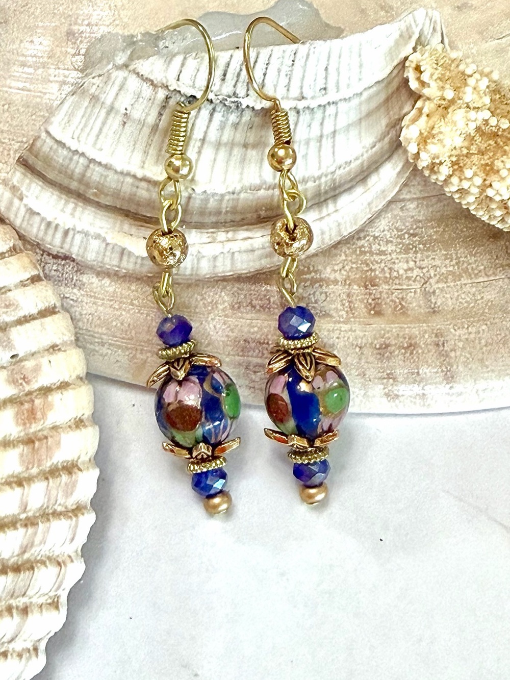 Navy Floral Cloisonné Beaded Earrings